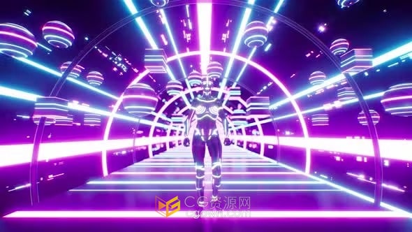Ai机器人穿过霓虹灯隧道数字3D背景VJ循环视频素材