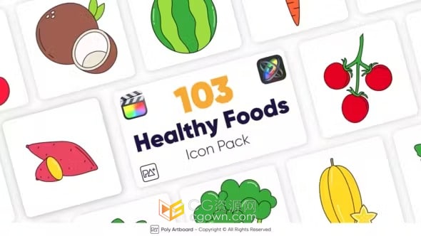 FCPX共103个卡通水果蔬菜食物图标动画Healthy Food Icons