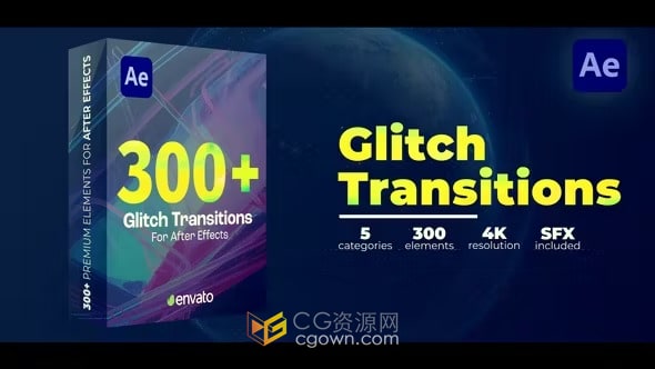 免费下载300个故障过渡Glitch Transitions Pack-AE模板