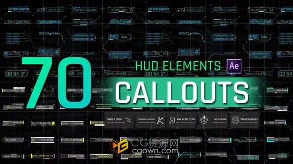 70个高科技HUD元素标注引用文本数字标题动画-AE模板
