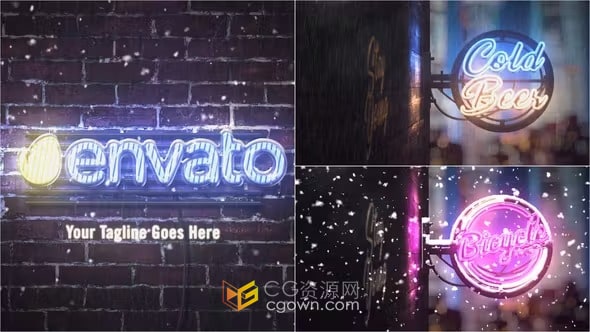 滿屏雪花飛絮/閃電雨滴掉落場景夜店酒吧霓虹燈標(biāo)志-AE模板