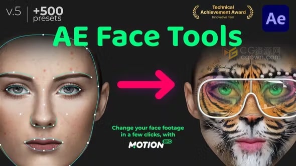 AE脚本Face Tools V5人脸面部追踪合成表情丑化换脸化妆美颜工具