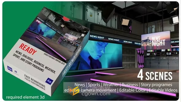 3D逼真虚拟演播室电视广播新闻包装工程AE模板下载