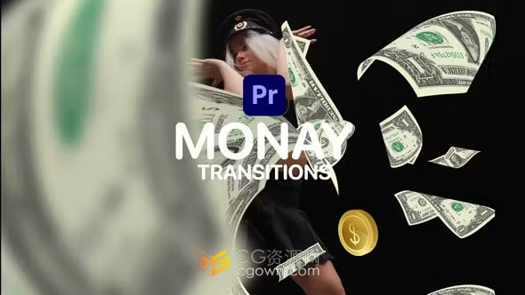 PR过渡模板-飞行美元钞票和硬币动画货币转场动态图形效果