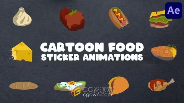 AE模板-手绘卡通食物贴纸动画制作社交媒体美食视频
