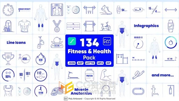 134个基于矢量的动画彩色健身和运动健康体育Lottie图标元素-AE模板