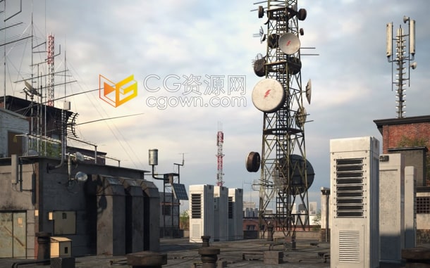 3D模型37个工业道具和建筑元素天线发电站加油站能源杆模型