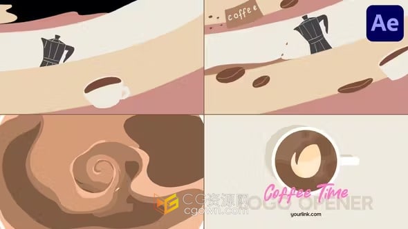 AE模板-卡通液体演绎波形动画咖啡店咖啡品牌LOGO片头