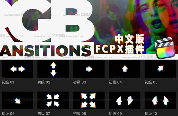 中文FCPX插件40种RGB通道色彩分离故障转场过渡效果