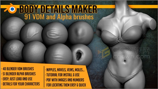 Blender插件Body Details Vdm Brushes身体细节笔刷工具
