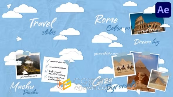 卡通纸飞机云朵动画旅行图标风格时尚旅游频道介绍AE模板