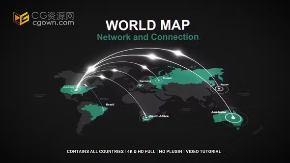 世界地图背景点线辐射全球路线通信网络与连接地图动画-AE模板