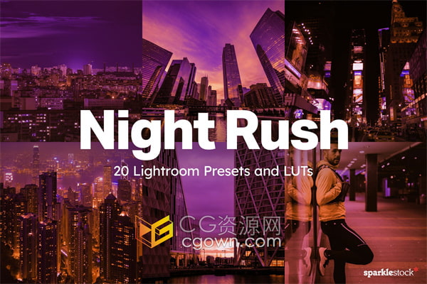 蒸汽波氛围霓虹灯夜晚调色LUT和20个Night Rush Lightroom预设