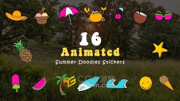 夏季主题涂鸦贴纸趣味生动矢量动画-AE模板