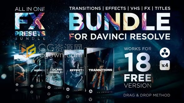 DaVinci Resolve FX 达芬奇18预设包括转场/效果/标题/VHS/音效