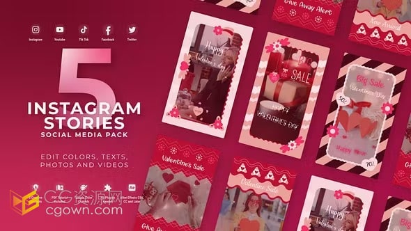 垂直版粉色丝带动画浪漫贺卡甜蜜情人节活动海报-AE模板