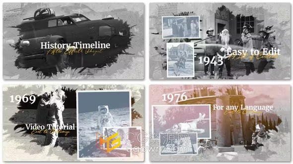 历史时间轴幻灯片黑白复古电影相册-AE视频模板
