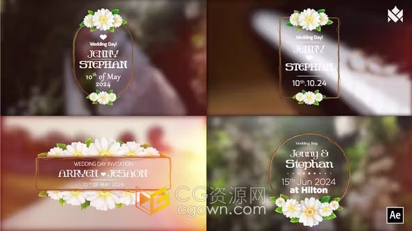 AE模板-淡雅清新绿叶花卉婚礼标题新郎新娘名称徽章动画