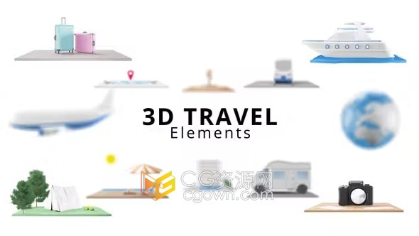 AE模板-12个3D旅行元素飞机轮船地球酒店图标等旅行主题