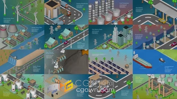 交通技术能源发电和工业场景及元素信息图视频演示-AE模板