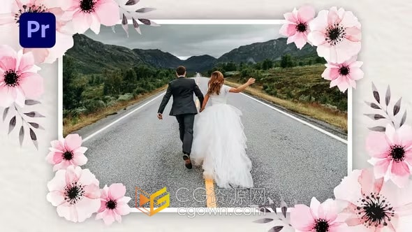 清新优雅淡紫浅粉色花卉动画婚礼相册-PR模板