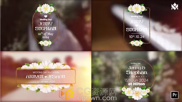 4K分辨率婚礼文字标题动画花朵边框元素设计-PR模板