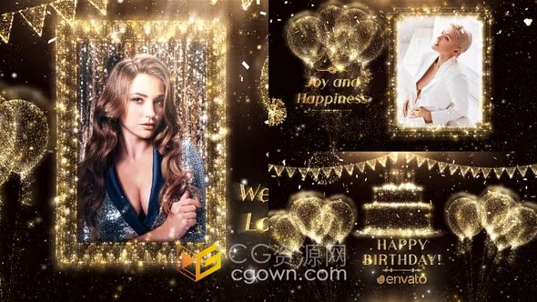 金色粒子相框气球场景生日快乐纪念日狂欢庆祝活动视频-AE模板