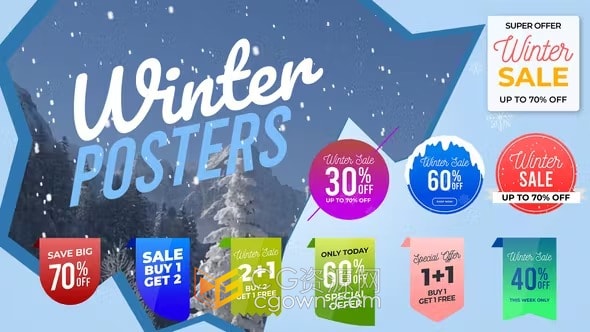 冬季主题促销海报和标签标题动画效果-AE&PR模板