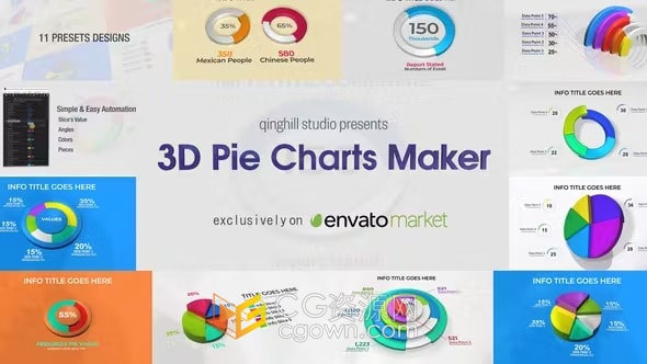 3D饼图制作工具11个自定义三维饼图预设-AE模板
