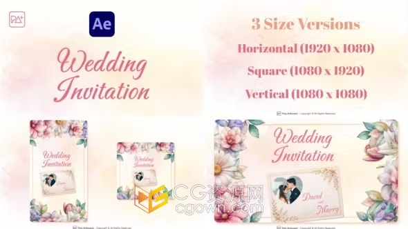 AE模板-水彩鲜花动画元素甜蜜婚礼请柬活动邀请函