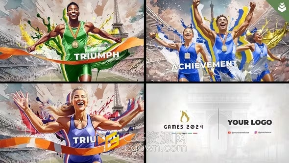 AE模板-2024年巴黎奥运会宣传片头油漆泼墨水彩风格体育赛事包装