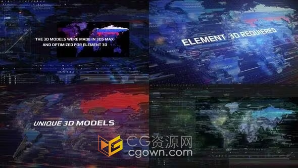 高科技真实3D世界地图Element 3d V2制作-AE模板