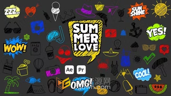 68个夏季主题动画手写涂鸦图标元素-AE与PR模板