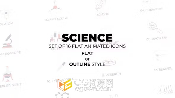 16个科学主题动画图标平面或轮廓样式-AE模板