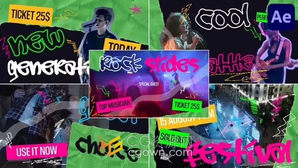 摇滚风格多彩撕纸效果音乐会文化活动宣传派对公告邀请视频-AE模板