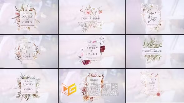 10个唯美捆绑花卉元素婚礼标题婚宴请柬封面动画-AE模板