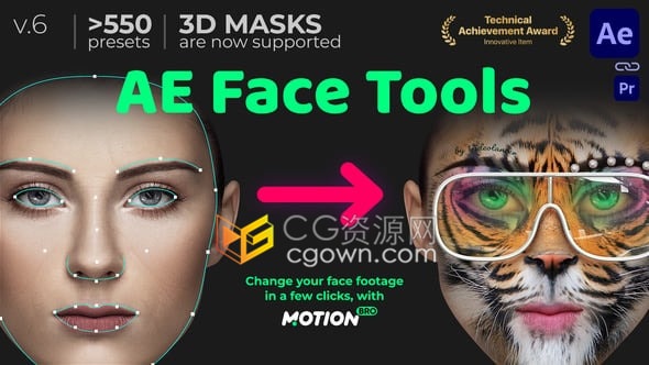 AE Face Tools v6.0.1与Motion Bro v4.5.1脚本人脸追踪合成表情换脸化妆美颜工具