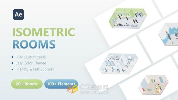 100多等距房间图形动画场景和元素AE模板3D Isometric Rooms