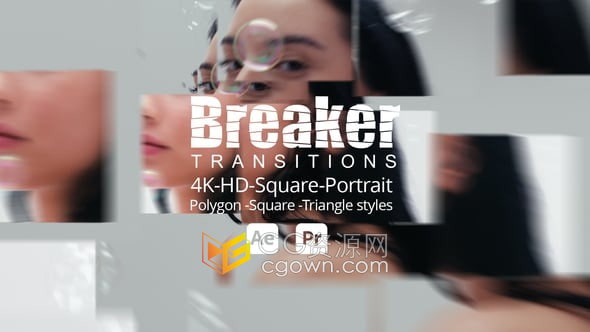 鏡頭場景破碎成多邊形三角形方形樣式切割分隔圖形效果過渡-AE&PR模板