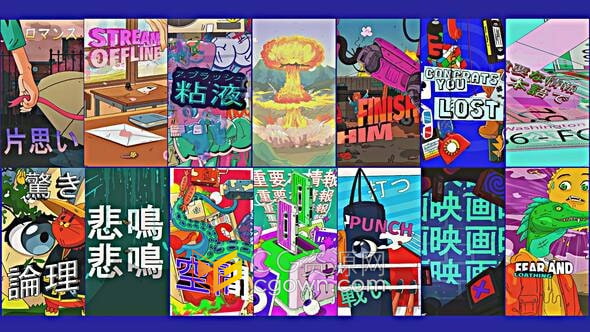 PR模板-15个竖屏动漫场景时尚彩色2D元素和文本复古动漫图形