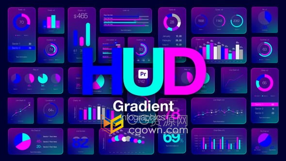 渐变色玻璃图形动画信息图表效果PR模板HUD Gradient Infographics