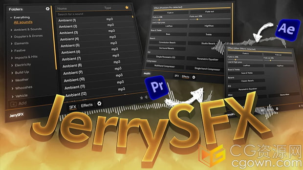 AE/PR腳本JerrySFX v1.0.1共有1250個實用音效庫素材管理器