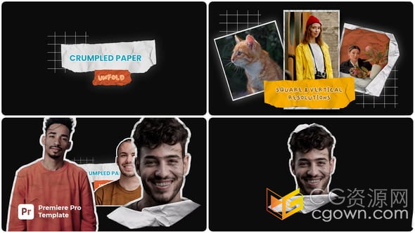 皱巴巴纸张展开动画介绍人物照片视频效果-PR模板-CG资源网 皱巴巴纸张展开动画介绍人物照片视频效果-PR模板