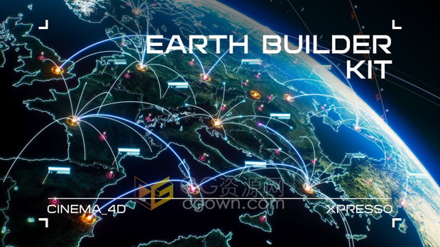 C4D插件三维地球连线动画预设资产Earth Builder Kit – Cinema 4D Xpresso