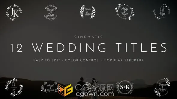 AE模板-新郎新娘名字婚礼美篇封面字幕12个优雅独特的婚礼标题