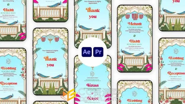 传统风格婚礼邀请结婚请帖短视频AE/PR模板