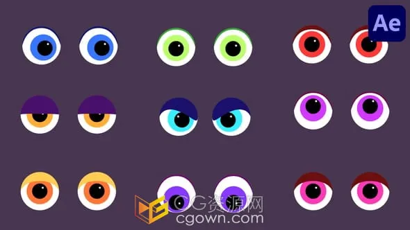 有趣的各种情感的卡通眼睛动画表情符号可爱眨眼凝视等图标-AE模板