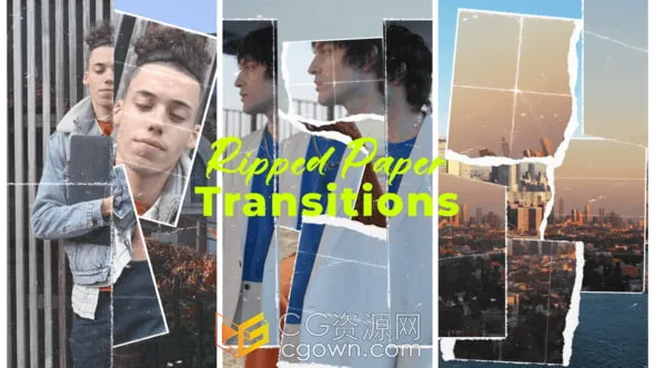 豎屏垂直格式撕裂的紙質(zhì)過渡快速分層撕紙拼貼效果-AE模板