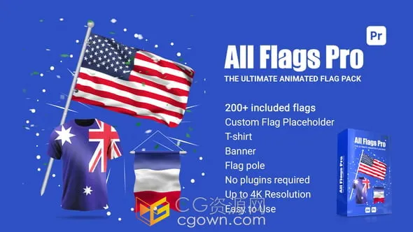 200+个国家国旗区旗品牌LOGO旗帜展示动画视频-AE/PR模板