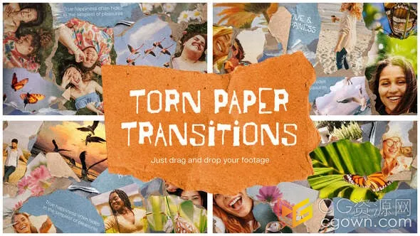 撕纸艺术撕裂的纸带剪贴簿过渡创建怀旧复古模拟胶片效果转场-AE&PR模板